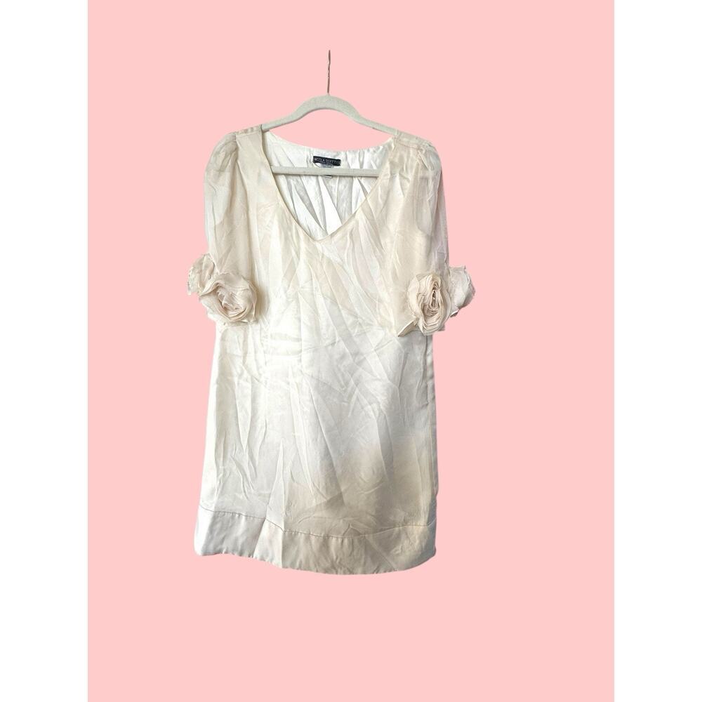 Nicola Bertti Cream Shift Dress Rose Appliqués Y2K Med.Large Classic Bridal Soft